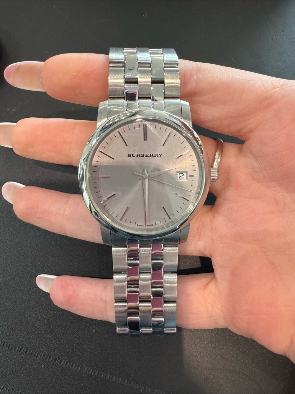 New Burberry "The City" Swiss Made Watch silver dial,stainless steel case & band